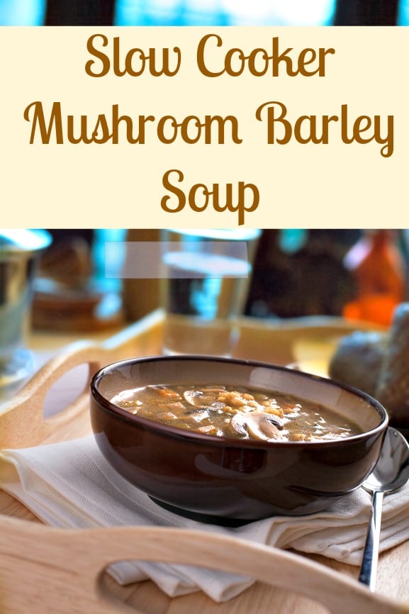 Bowl of homemade mushroom and barley soup.